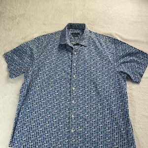 Bugatchi Mens Short Sleeve Button Down Blue Geometric Sz XL Cotton Stretch Shirt